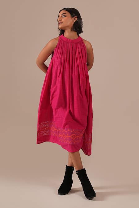 Shop_Indigo Dreams_Pink Cotton Halter Neck Handwoven Jamdani Gathered Dress _Online_at_Aza_Fashions