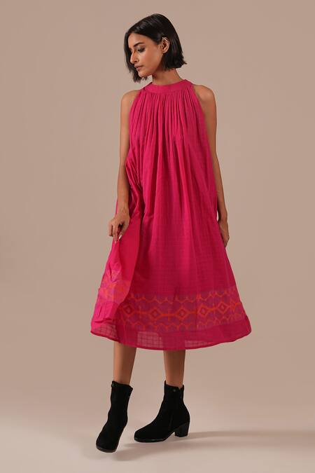 Indigo Dreams_Pink Cotton Halter Neck Handwoven Jamdani Gathered Dress _at_Aza_Fashions