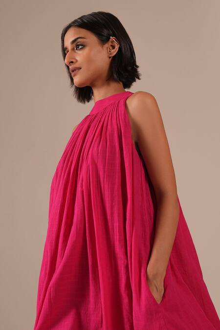 Buy_Indigo Dreams_Pink Cotton Halter Neck Handwoven Jamdani Gathered Dress 