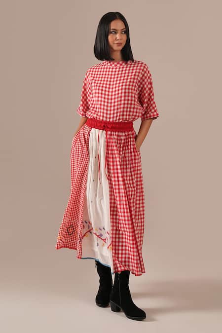 Indigo Dreams Gingham Check Jamdani Top & Gathered Skirt Set 