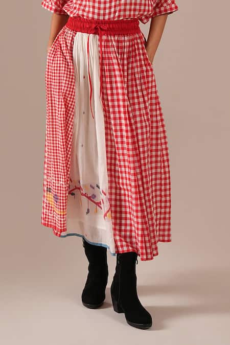 Buy_Indigo Dreams_Red Cotton Embroidery Round Neck Gingham Check Jamdani Top And Gathered Skirt Set _Online_at_Aza_Fashions