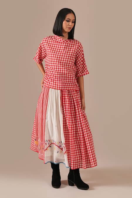 Shop_Indigo Dreams_Red Cotton Embroidery Round Neck Gingham Check Jamdani Top And Gathered Skirt Set _Online_at_Aza_Fashions
