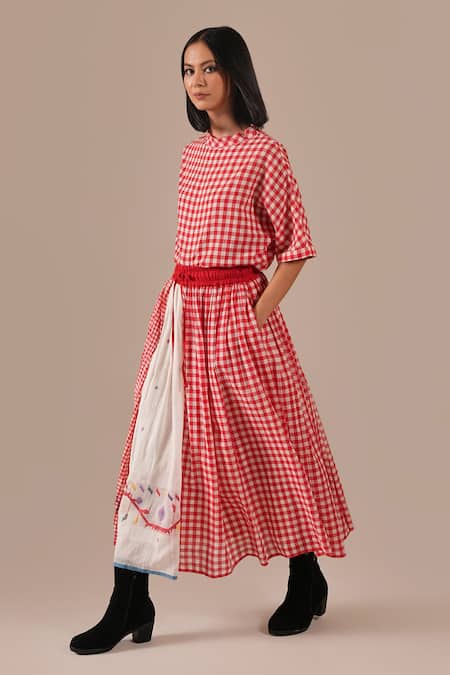 Indigo Dreams_Red Cotton Embroidery Round Neck Gingham Check Jamdani Top And Gathered Skirt Set _at_Aza_Fashions