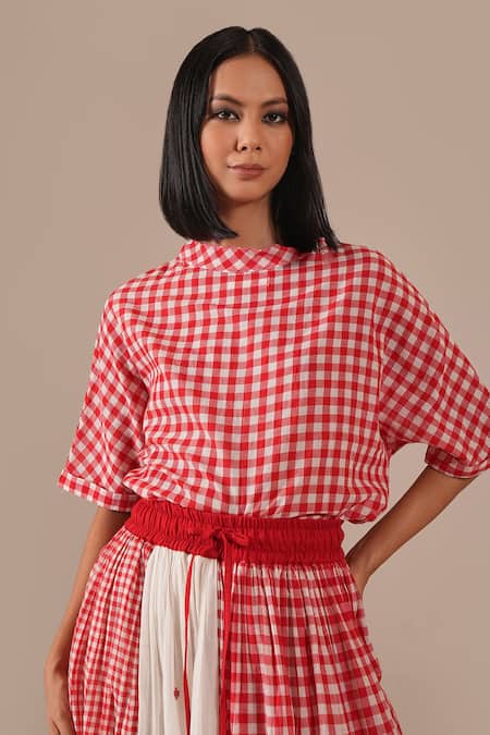 Shop_Indigo Dreams_Red Cotton Embroidery Round Neck Gingham Check Jamdani Top And Gathered Skirt Set 