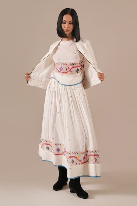 Shop_Indigo Dreams_Ivory Cotton Embroidery Round Neck Handwoven Jamdani Boxy Top Skirt Set _Online_at_Aza_Fashions