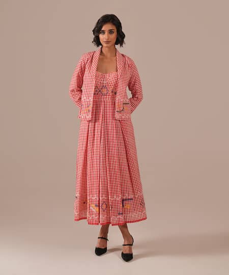Indigo Dreams_Red Cotton Embroidery Gingham Handwoven Jamdani Bralette Dress And Jacket Set _Online_at_Aza_Fashions