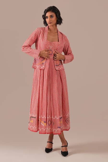 Buy_Indigo Dreams_Red Cotton Embroidery Gingham Handwoven Jamdani Bralette Dress And Jacket Set _Online_at_Aza_Fashions