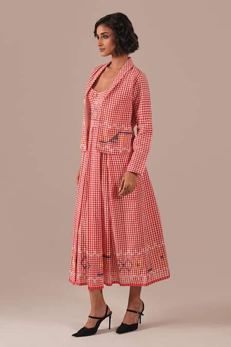 Shop_Indigo Dreams_Red Cotton Embroidery Gingham Handwoven Jamdani Bralette Dress And Jacket Set _Online_at_Aza_Fashions