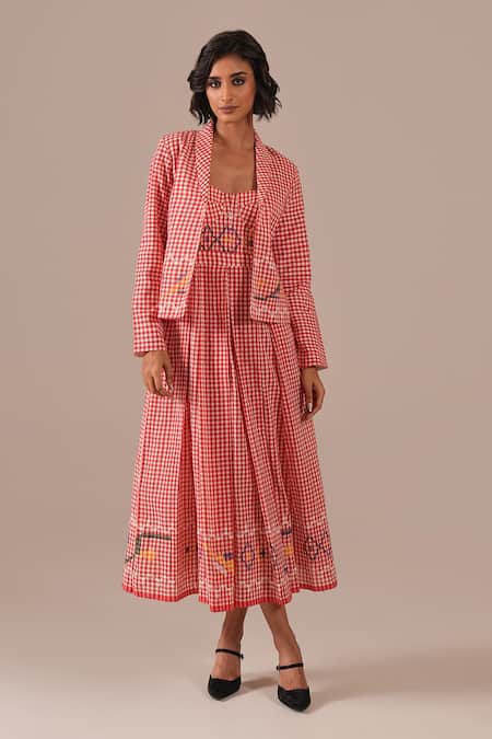 Indigo Dreams Gingham Handwoven Jamdani Bralette Dress & Jacket Set 