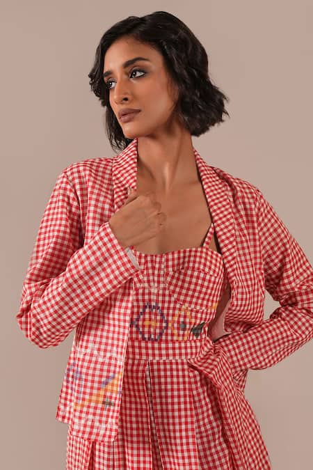 Indigo Dreams_Red Cotton Embroidery Gingham Handwoven Jamdani Bralette Dress And Jacket Set _at_Aza_Fashions