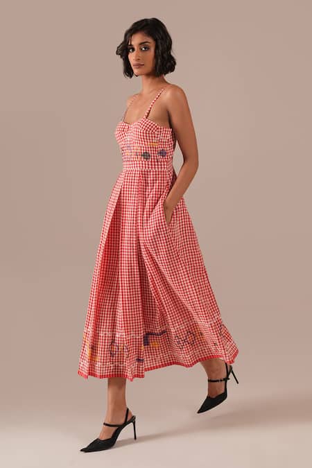Indigo Dreams_Red Cotton Embroidery Sweetheart Neck Jamdani Gingham Bralette Dress _Online_at_Aza_Fashions