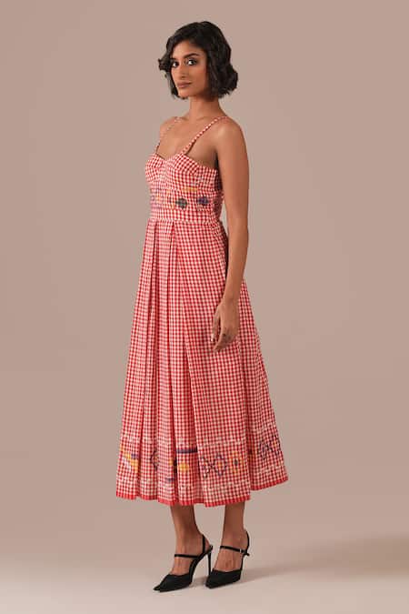 Buy_Indigo Dreams_Red Cotton Embroidery Sweetheart Neck Jamdani Gingham Bralette Dress _Online_at_Aza_Fashions