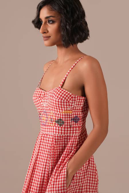 Shop_Indigo Dreams_Red Cotton Embroidery Sweetheart Neck Jamdani Gingham Bralette Dress _Online_at_Aza_Fashions
