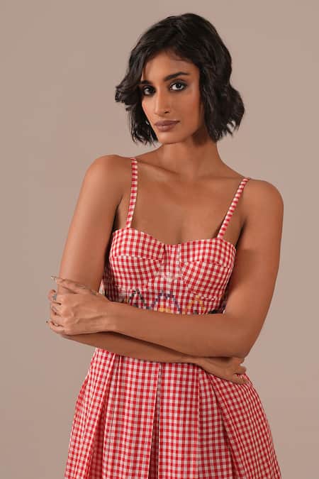 Indigo Dreams_Red Cotton Embroidery Sweetheart Neck Jamdani Gingham Bralette Dress _at_Aza_Fashions