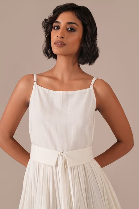 Indigo Dreams_Ivory Cotton Embroidery Square Neck, Jamdani Handwoven Dress And Waistcoat Set _at_Aza_Fashions