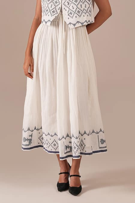 Buy_Indigo Dreams_Ivory Cotton Embroidery Square Neck, Jamdani Handwoven Dress And Waistcoat Set 
