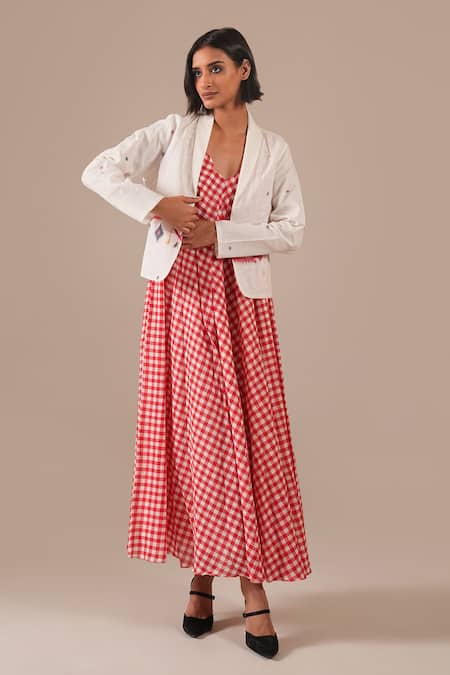 Indigo Dreams Gingham Maxi Dress & Jamdani Jacket Set 