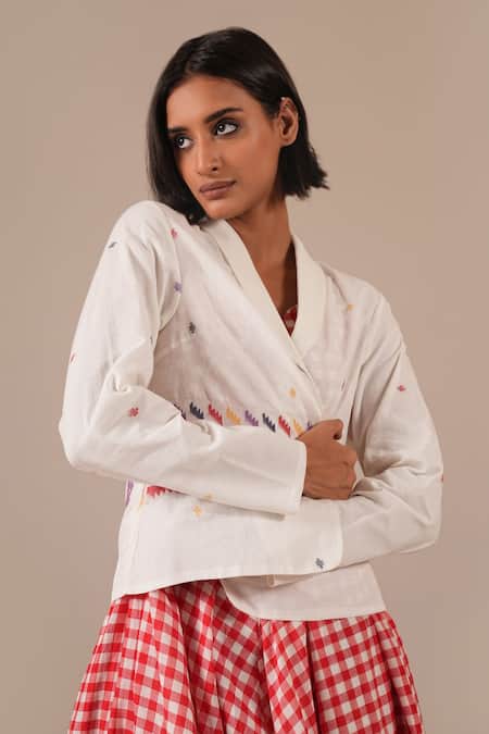 Indigo Dreams_Red Cotton Embroidery V-, Shawl Gingham Maxi Dress And Jamdani Jacket Set _Online_at_Aza_Fashions