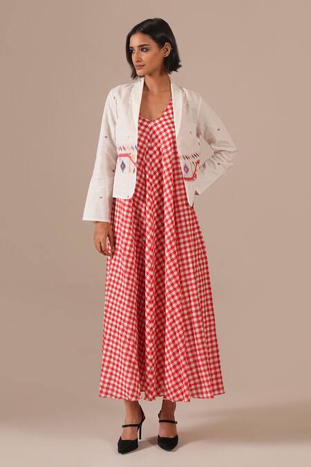 Buy_Indigo Dreams_Red Cotton Embroidery V-, Shawl Gingham Maxi Dress And Jamdani Jacket Set _Online_at_Aza_Fashions