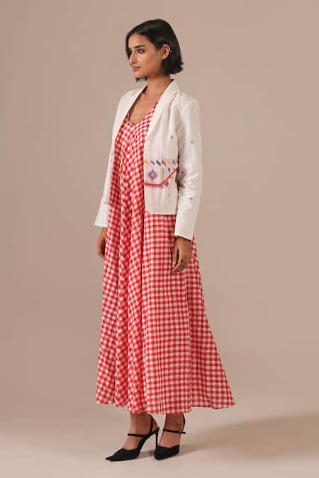 Shop_Indigo Dreams_Red Cotton Embroidery V-, Shawl Gingham Maxi Dress And Jamdani Jacket Set _Online_at_Aza_Fashions