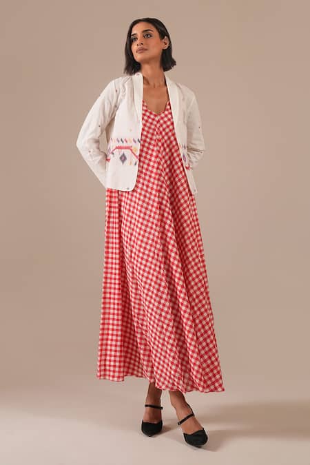Indigo Dreams_Red Cotton Embroidery V-, Shawl Gingham Maxi Dress And Jamdani Jacket Set _at_Aza_Fashions