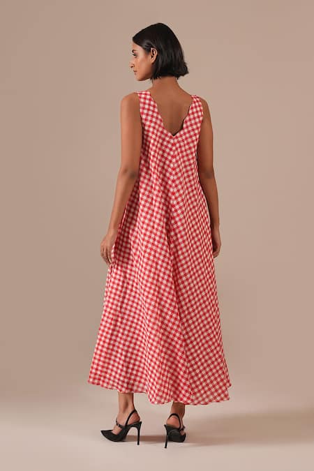 Indigo Dreams Gingham Check Jamdani Maxi Dress 