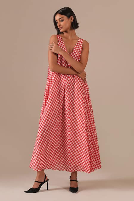 Indigo Dreams_Red Cotton V-neck Gingham Check Jamdani Maxi Dress _Online_at_Aza_Fashions