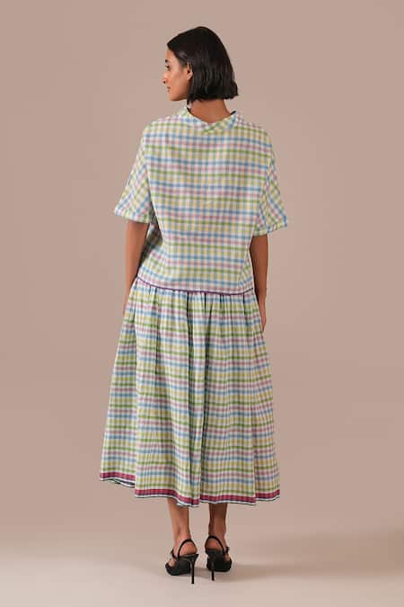 Indigo Dreams Handwoven Jamdani Gingham Top & Gathered Skirt 