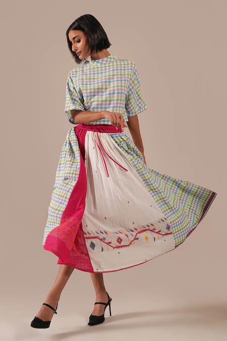 Buy_Indigo Dreams_Green Cotton Embroidery High Neck Handwoven Jamdani Gingham Top And Gathered Skirt _Online_at_Aza_Fashions