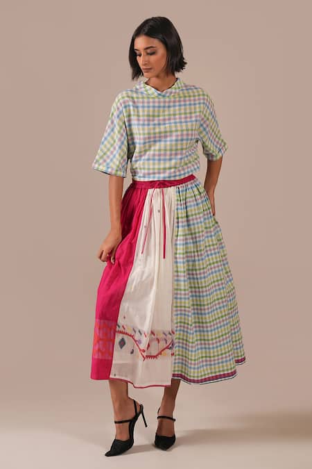 Shop_Indigo Dreams_Green Cotton Embroidery High Neck Handwoven Jamdani Gingham Top And Gathered Skirt _Online_at_Aza_Fashions