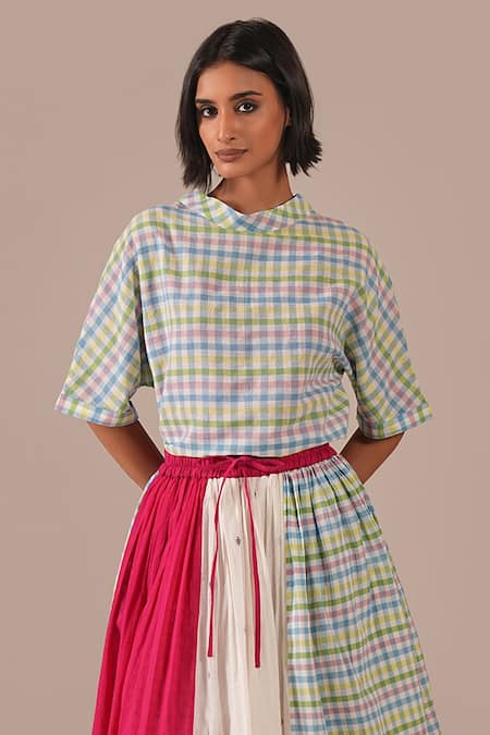 Indigo Dreams_Green Cotton Embroidery High Neck Handwoven Jamdani Gingham Top And Gathered Skirt _at_Aza_Fashions