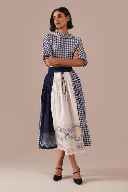 Indigo Dreams_Blue Cotton Embroidery High Neck Gingham And Jamdani Panel Skirt Set _Online_at_Aza_Fashions