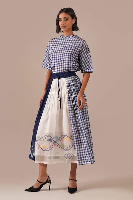 Buy_Indigo Dreams_Blue Cotton Embroidery High Neck Gingham And Jamdani Panel Skirt Set _Online_at_Aza_Fashions