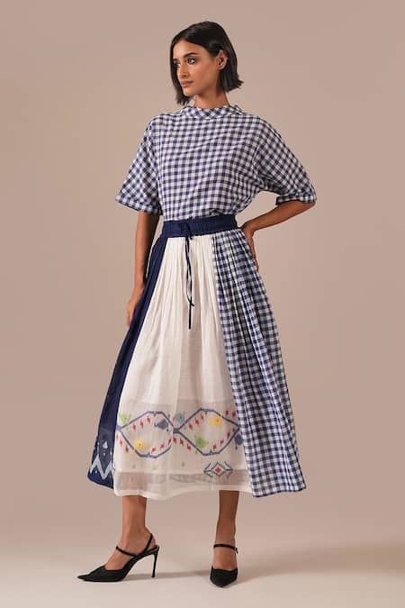 Indigo Dreams Gingham & Jamdani Panel Skirt Set 
