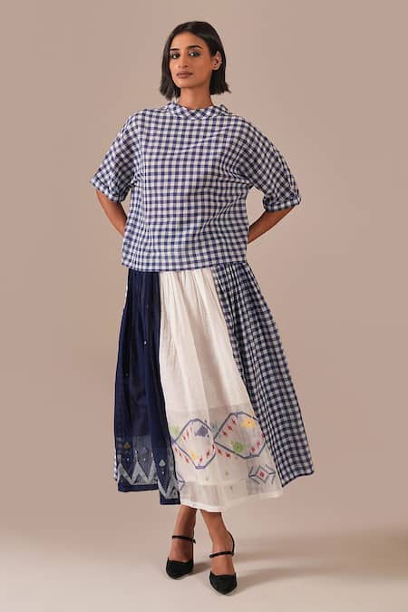 Shop_Indigo Dreams_Blue Cotton Embroidery High Neck Gingham And Jamdani Panel Skirt Set _Online_at_Aza_Fashions