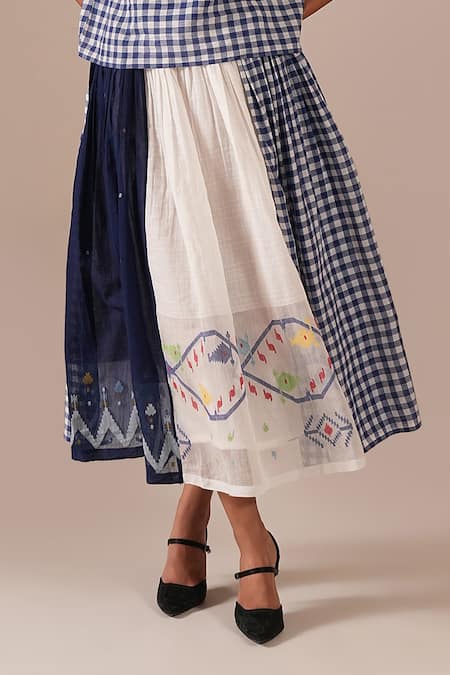 Indigo Dreams_Blue Cotton Embroidery High Neck Gingham And Jamdani Panel Skirt Set _at_Aza_Fashions