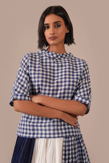 Buy_Indigo Dreams_Blue Cotton Embroidery High Neck Gingham And Jamdani Panel Skirt Set 