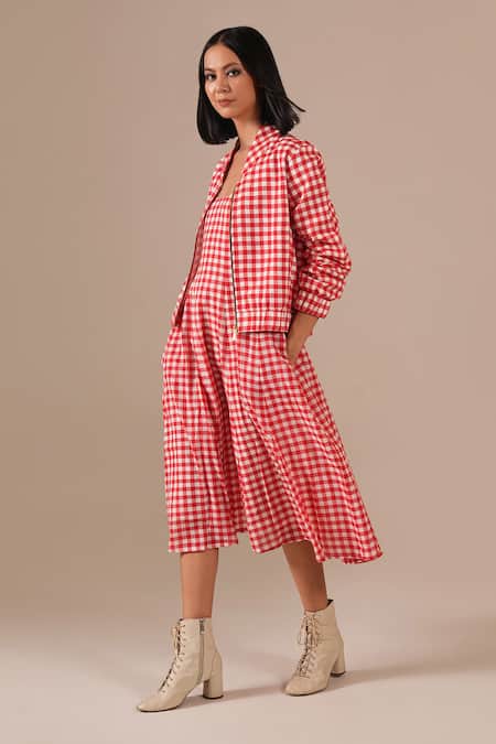 Indigo Dreams_Red Cotton Square Neck, Collared Gingham Check Dress With Jacket _Online_at_Aza_Fashions