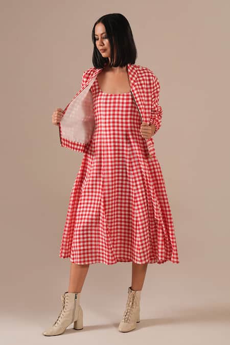 Buy_Indigo Dreams_Red Cotton Square Neck, Collared Gingham Check Dress With Jacket _Online_at_Aza_Fashions