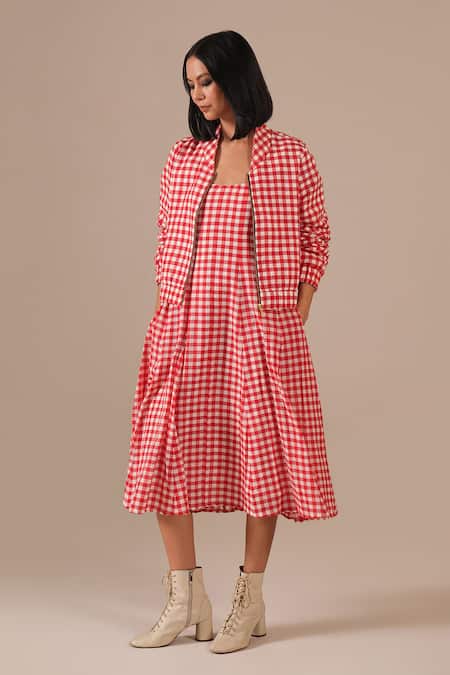 Shop_Indigo Dreams_Red Cotton Square Neck, Collared Gingham Check Dress With Jacket _Online_at_Aza_Fashions