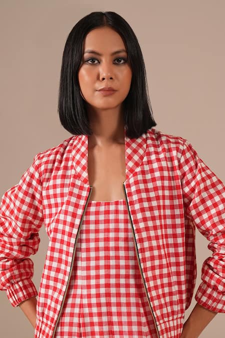 Buy_Indigo Dreams_Red Cotton Square Neck, Collared Gingham Check Dress With Jacket 