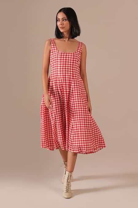 Indigo Dreams Gingham Check Jamdani Fit & Flare Dress 