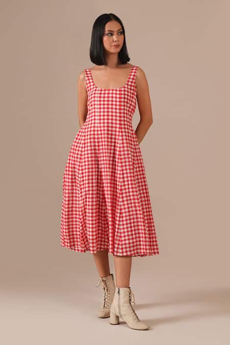 Indigo Dreams_Red Cotton Square Neck Gingham Check Jamdani Fit And Flare Dress _Online_at_Aza_Fashions