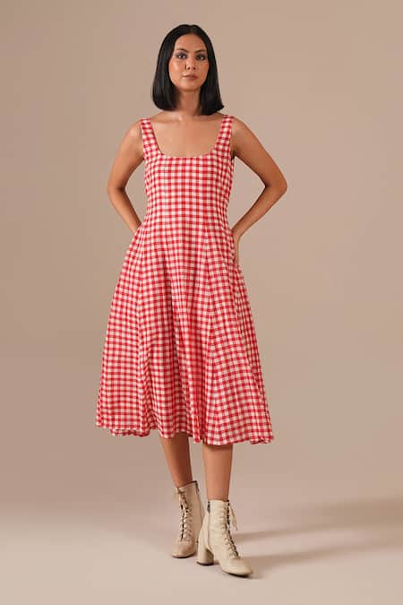 Buy_Indigo Dreams_Red Cotton Square Neck Gingham Check Jamdani Fit And Flare Dress _Online_at_Aza_Fashions