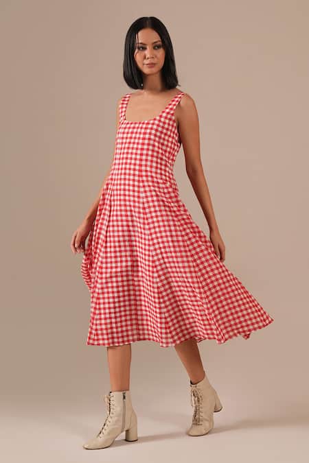 Shop_Indigo Dreams_Red Cotton Square Neck Gingham Check Jamdani Fit And Flare Dress _Online_at_Aza_Fashions