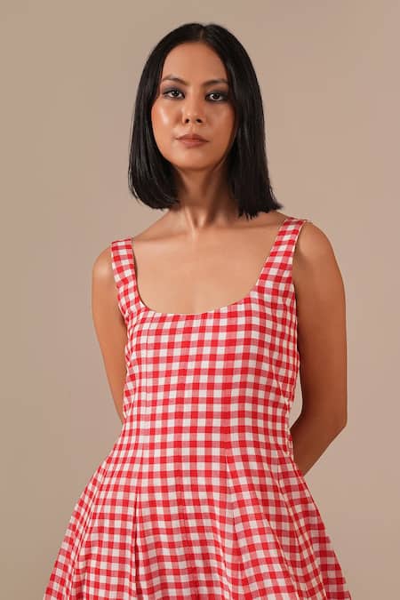 Indigo Dreams_Red Cotton Square Neck Gingham Check Jamdani Fit And Flare Dress _at_Aza_Fashions
