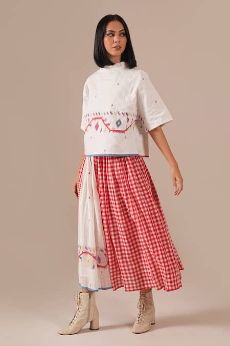Indigo Dreams_Ivory Cotton Embroidery High Neck Jamdani Quilted Top With Gingham Skirt _Online_at_Aza_Fashions