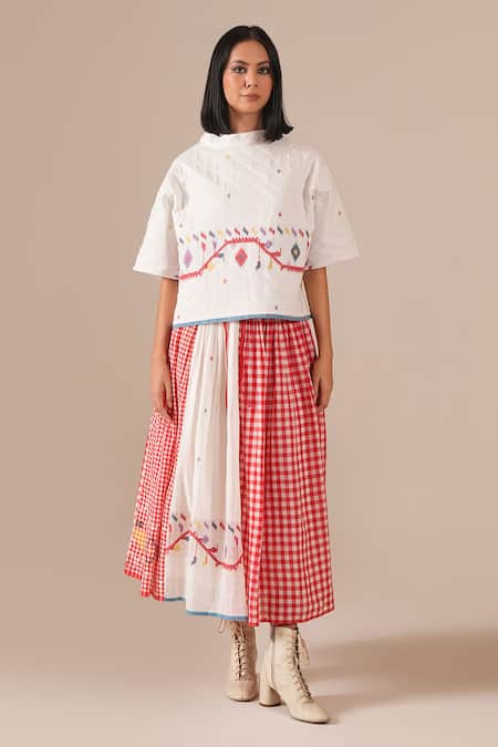 Indigo Dreams Jamdani Quilted Top With Gingham Skirt 