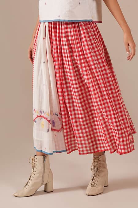 Buy_Indigo Dreams_Ivory Cotton Embroidery High Neck Jamdani Quilted Top With Gingham Skirt _Online_at_Aza_Fashions