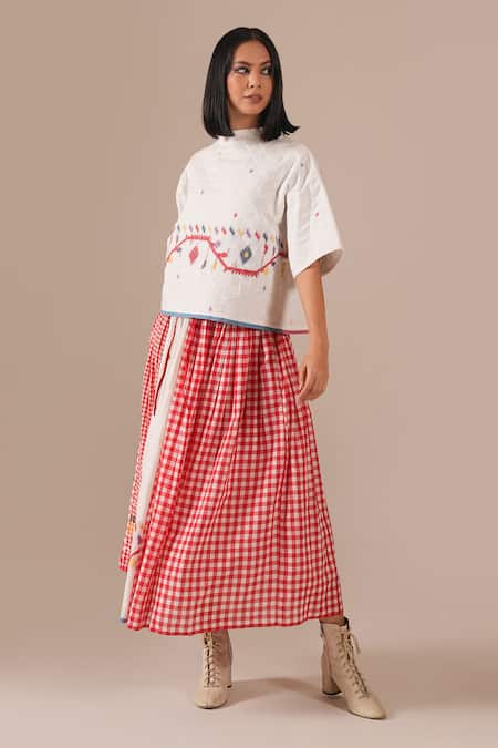 Shop_Indigo Dreams_Ivory Cotton Embroidery High Neck Jamdani Quilted Top With Gingham Skirt _Online_at_Aza_Fashions